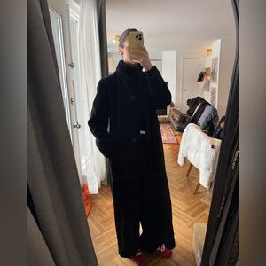 Long funnel neck black button up coat